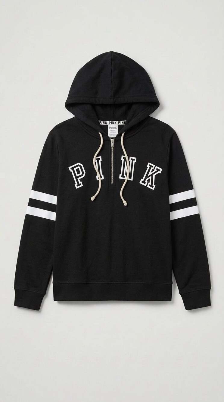 Y2K Pink Victoria's Secret Black Zip Hoodie Sweatshirt Size Xs